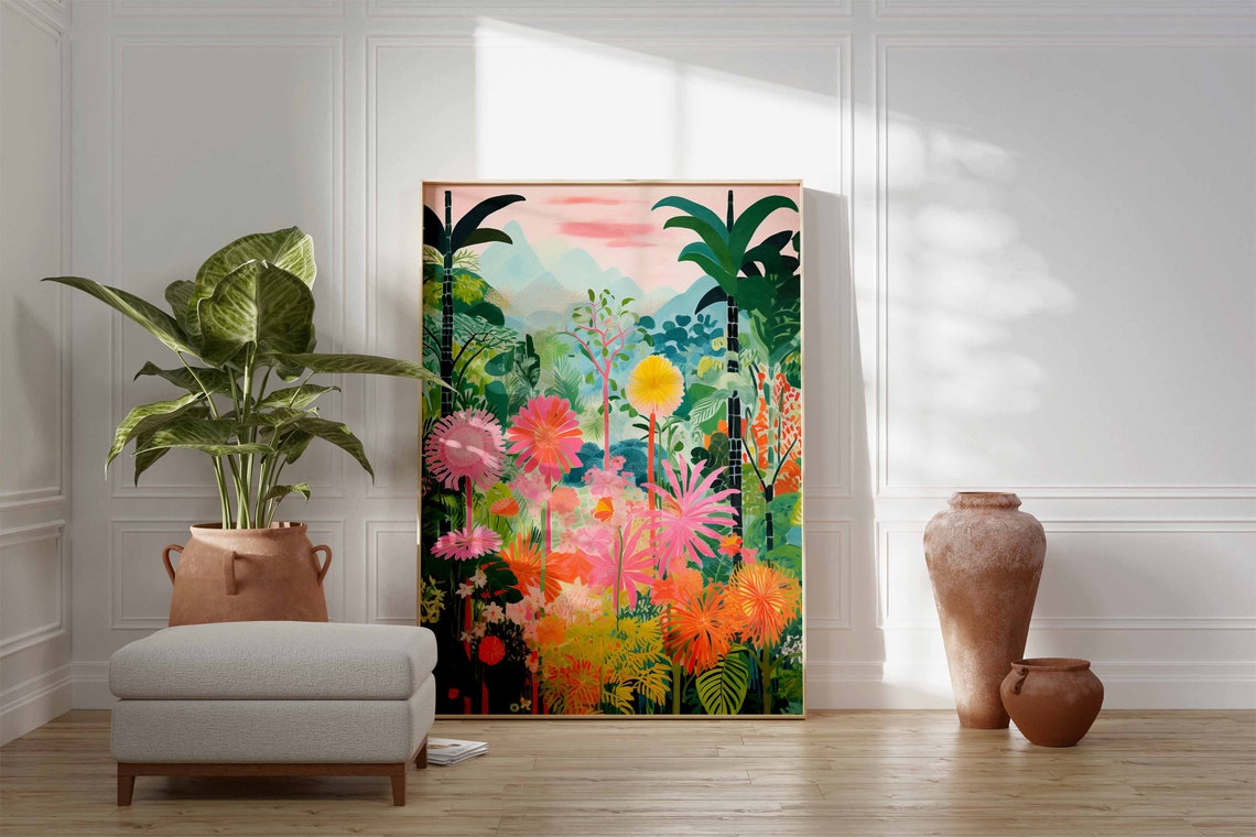 Colorful Tropical Jungle Flowers Pink Blossoms Palm Trees Wall Art - Image 2