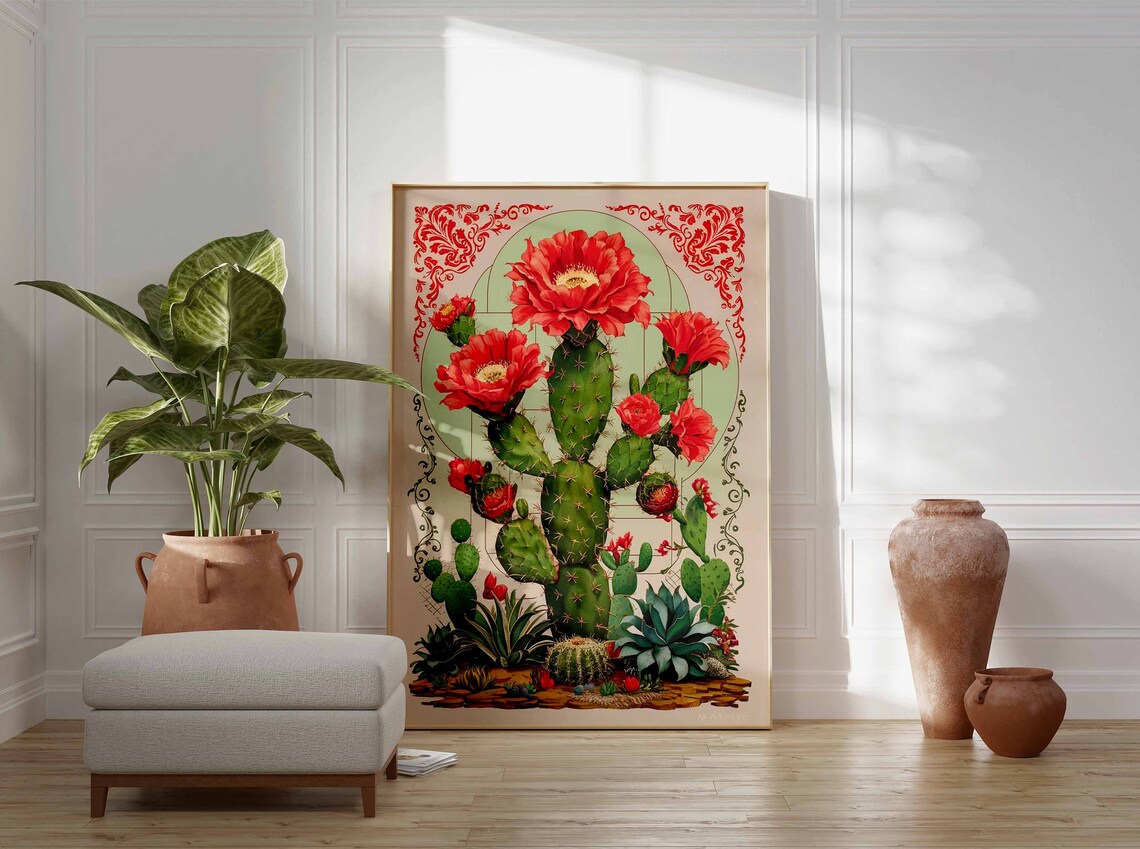 Opuntia Cactus Red Blooms Green Arch Vintage Botanical Poster - Image 2