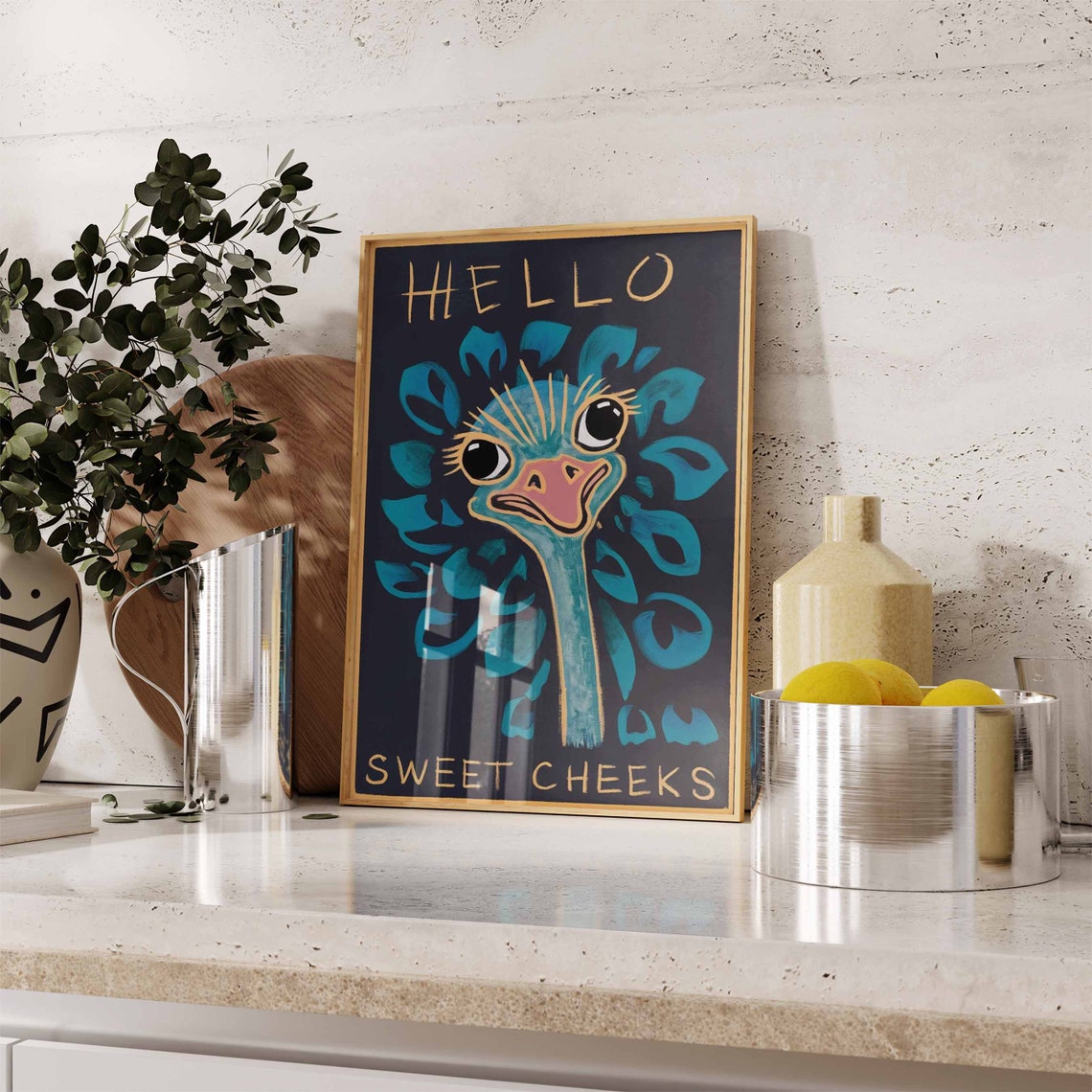 Hello Sweet Cheeks Ostrich Funny Animal Quote Black Gold Wall Art - Image 2