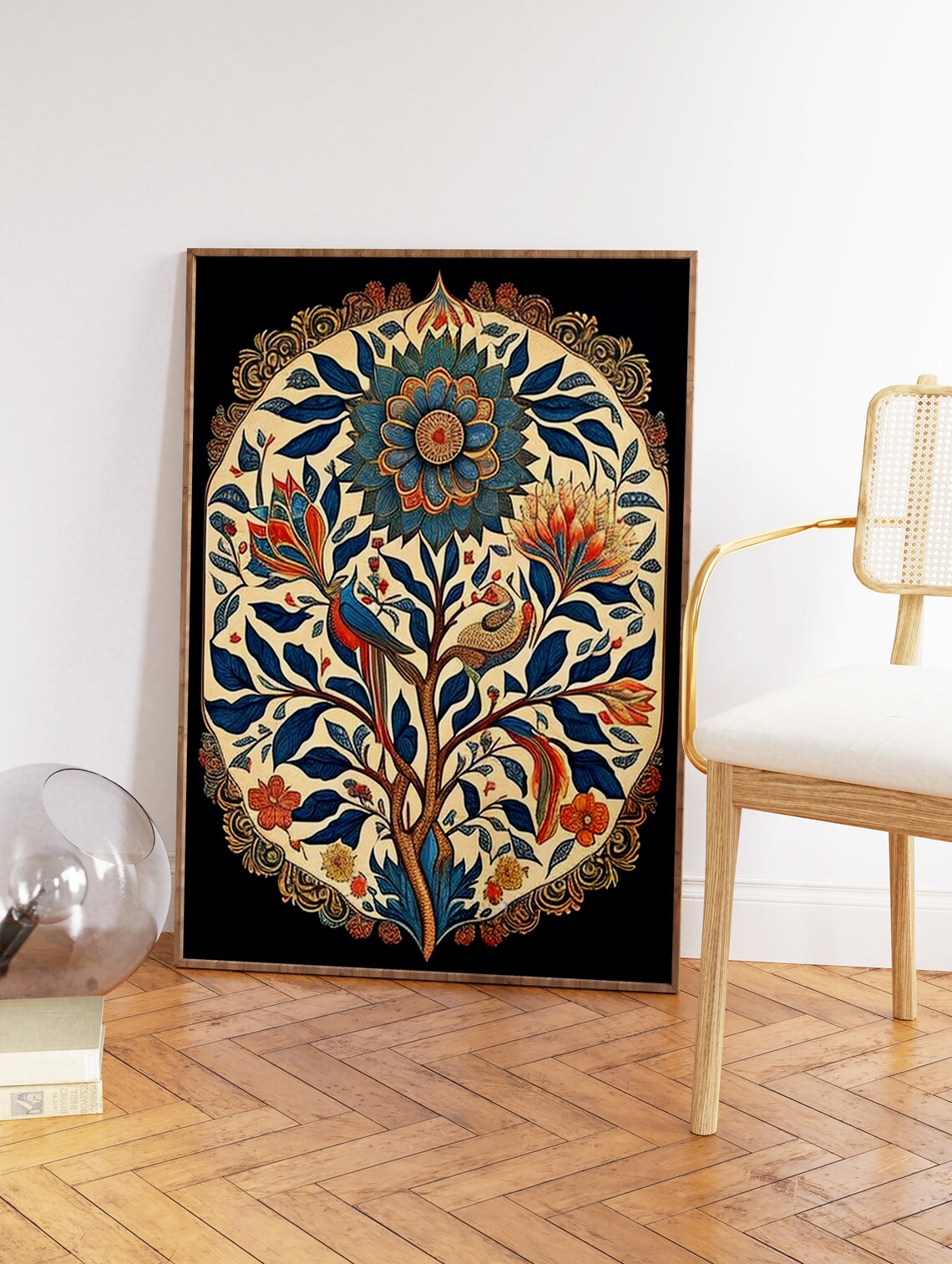 Indian Tree of Life Print with Birds and Flowers on Dark Background - Image 2