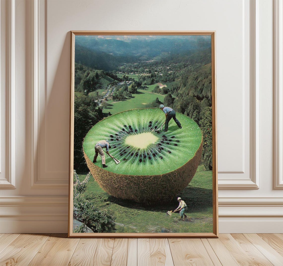 Surreal Giant Kiwi Mountain Landscape Vintage Collage Poster