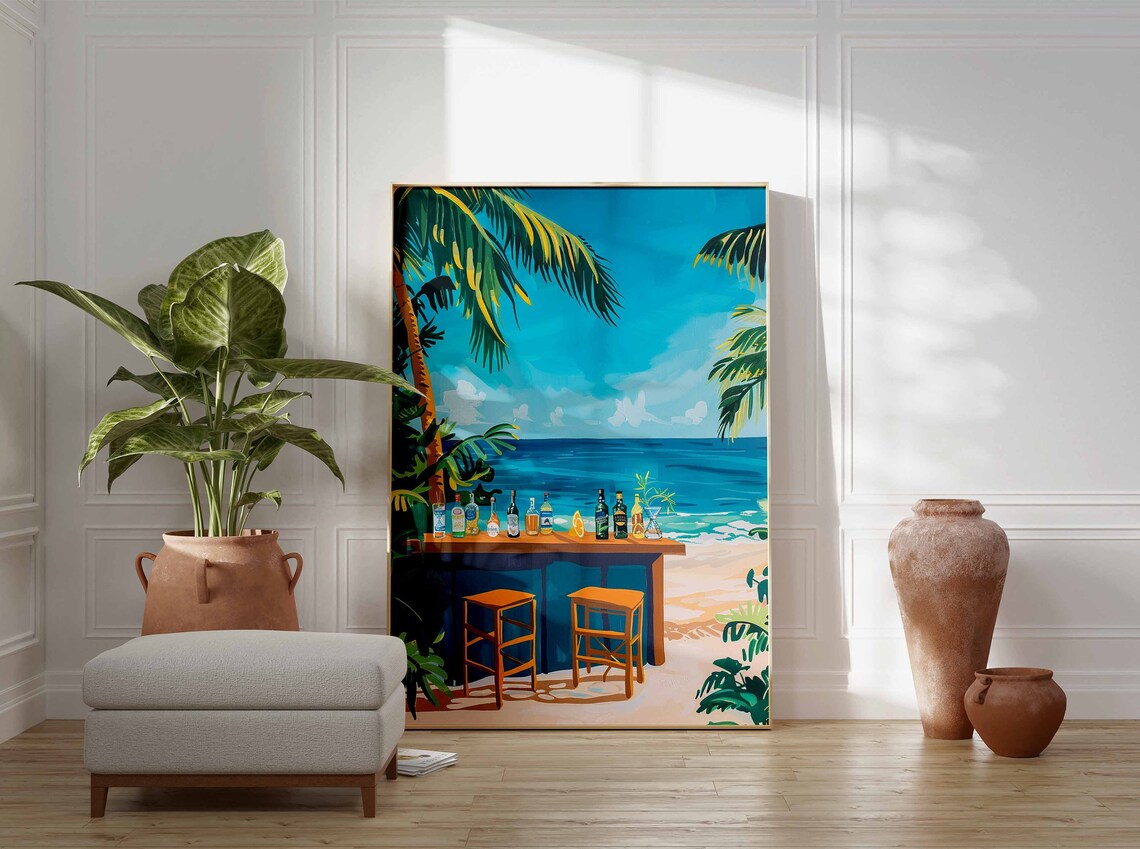 Wooden Beach Bar Bar Stools Turquoise Sea Palm Trees Scene Poster - Image 3