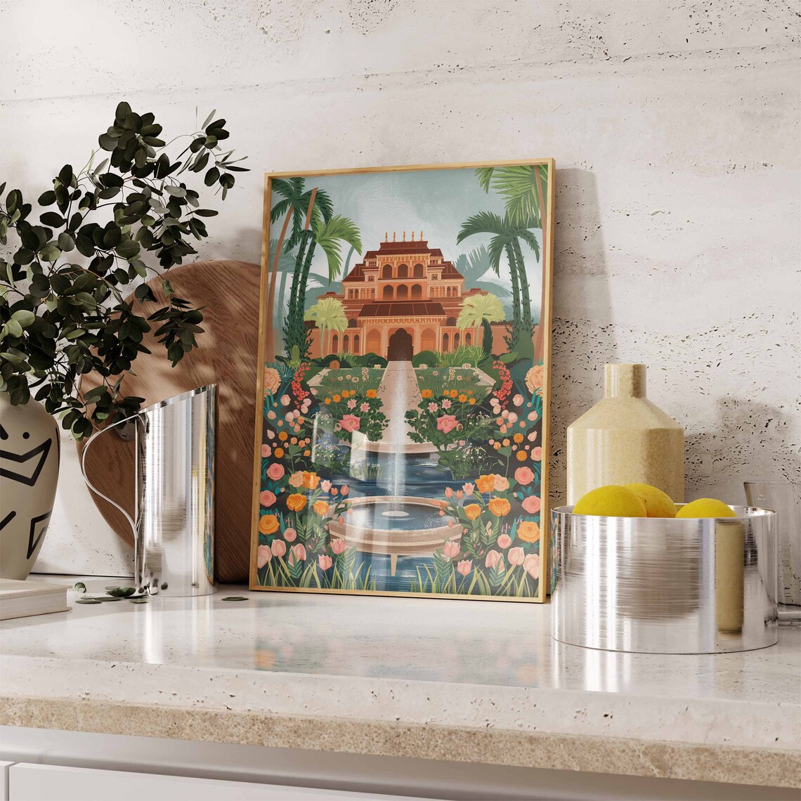 Indian Palace Rose Garden Fountain Traditional Artwork Poster - Image 3