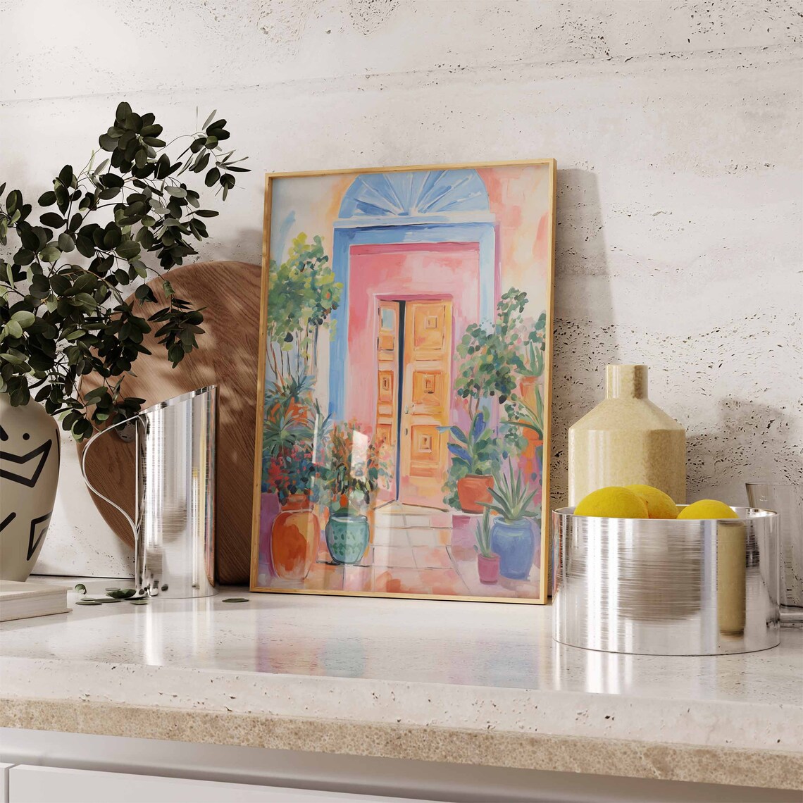 Moroccan Doorway Watercolor Pink Orange Door Mediterranean Art Poster - Image 3
