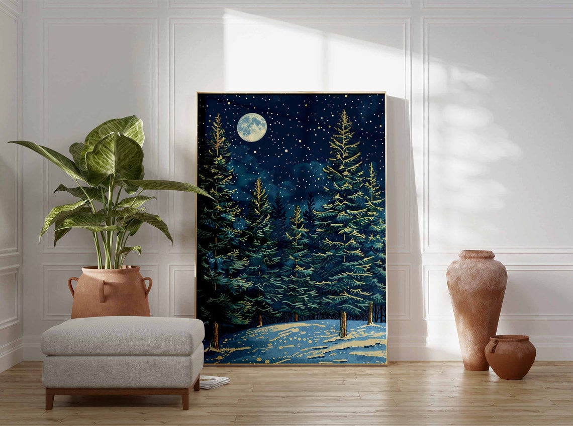 Bright Full Moon Over Snowy Pine Forest Starry Winter Night Poster - Image 3