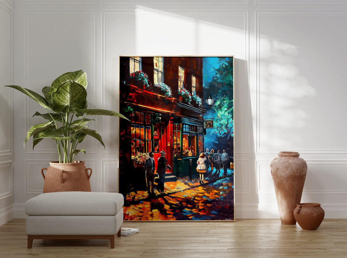 Night Pub Street Scene Warm Windows Wet Cobblestone Painting Poster - Image 3