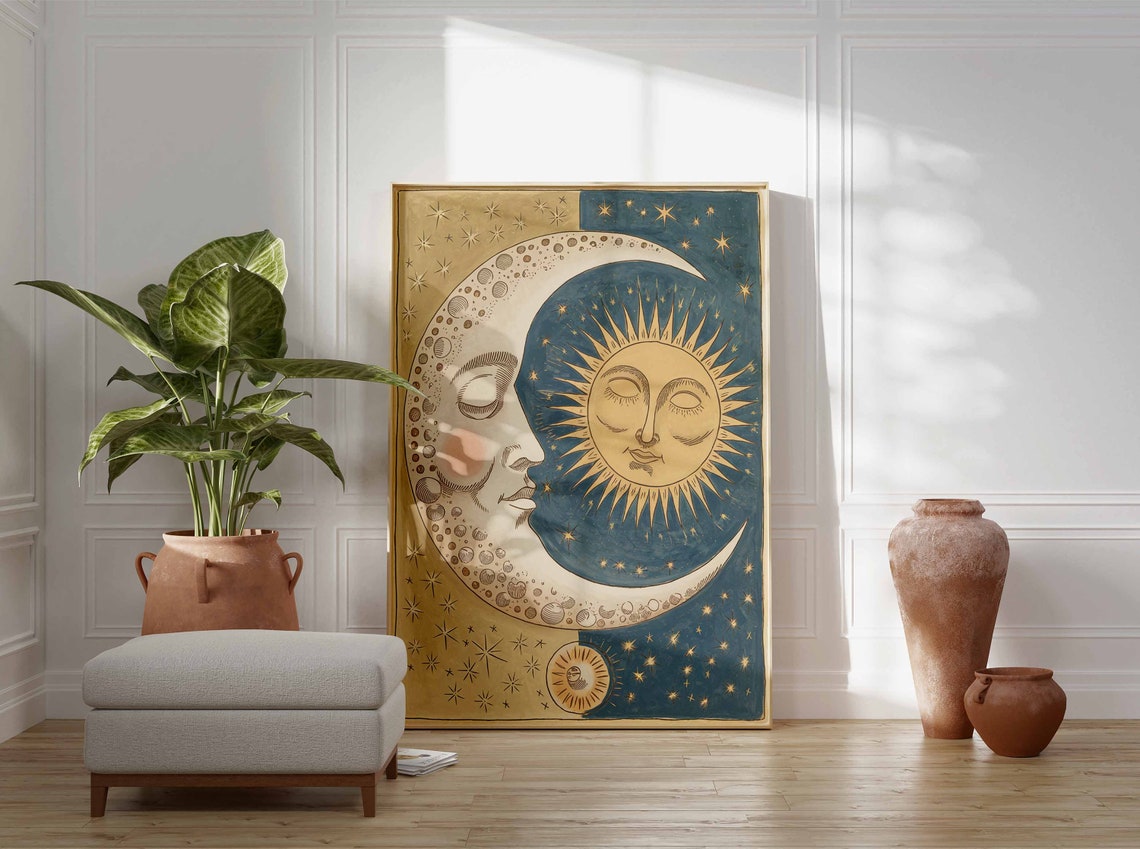 Antique Gold Sun Face And Crescent Moon Parchment Style Poster - Image 3