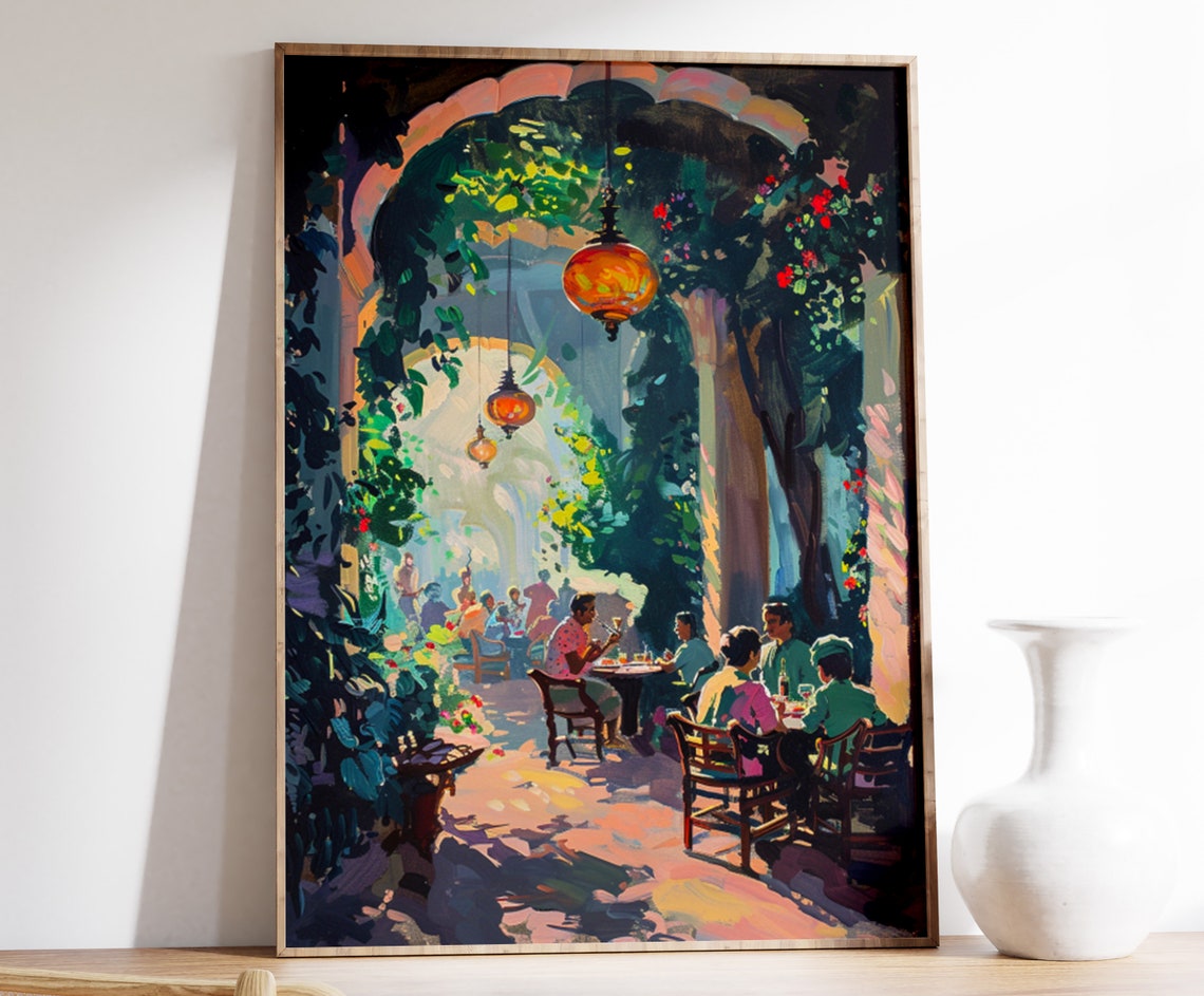 Arabic Courtyard Cafe With Hanging Lanterns Impressionist Art Poster
