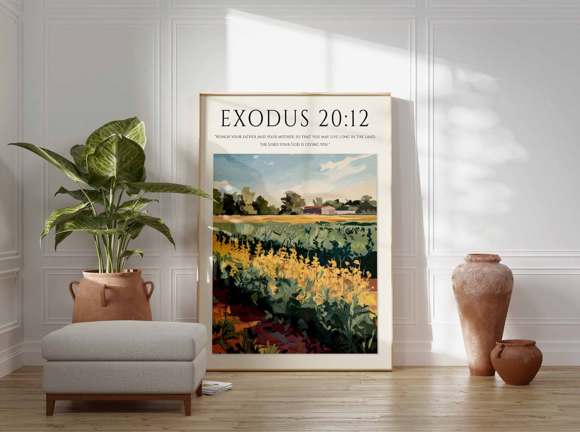 Exodus 20:12 Bible Verse Yellow Wildflower Field Honor Art Print - Image 2