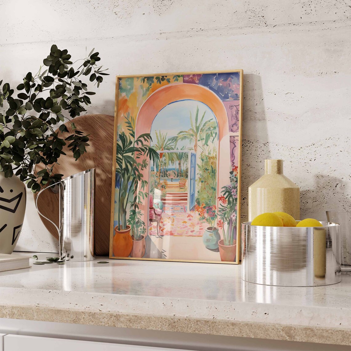 Moroccan Arabic Archway Palm Garden Watercolor Art Wall Poster - Image 4