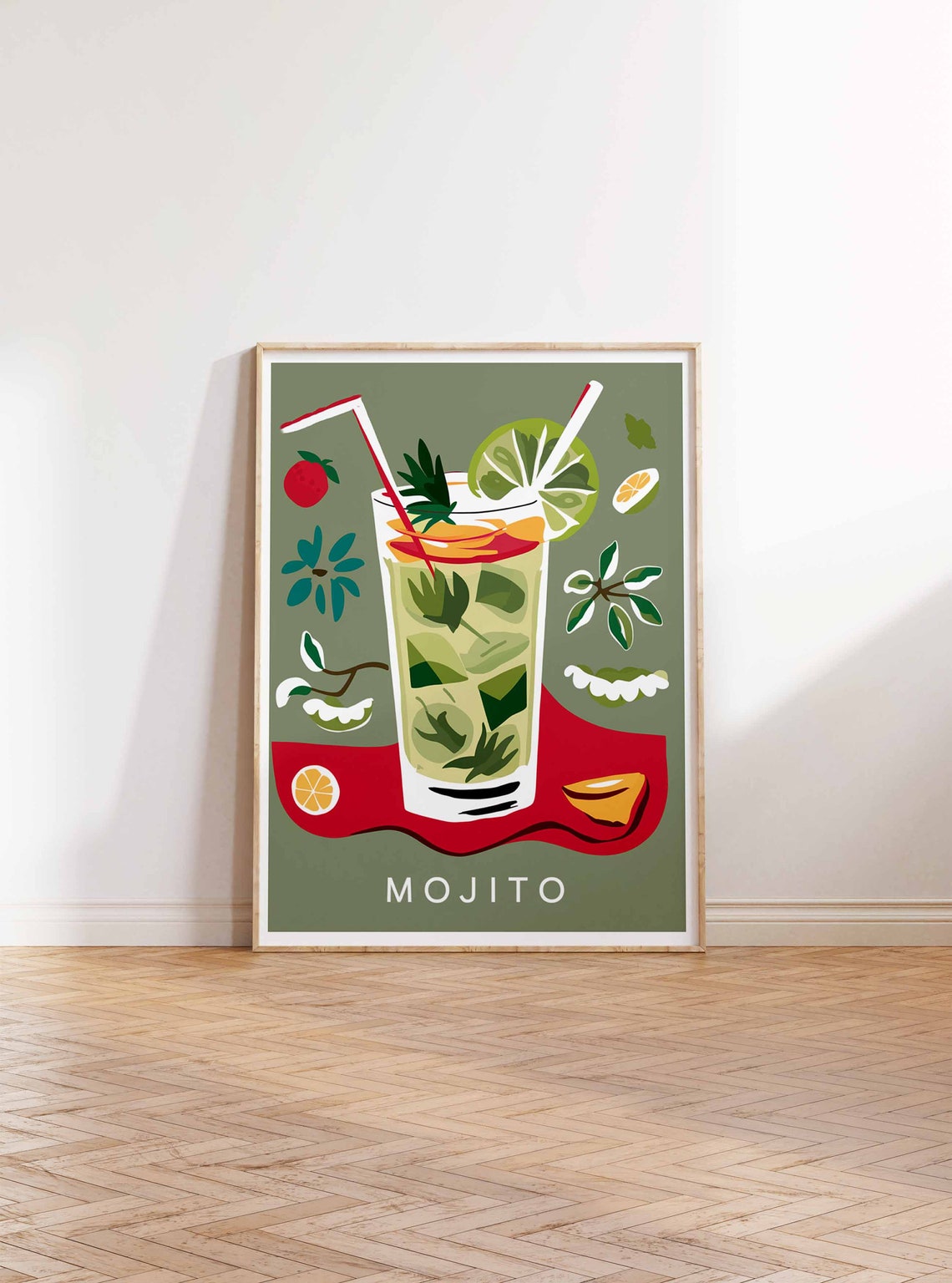 Mojito Cocktail Glass Lime Mint Sage Green Bar Decor Wall Art - Image 2