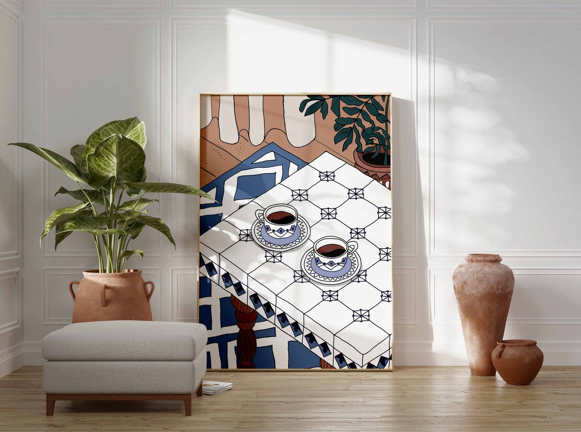 Warm Cozy Espresso Cups on Blue and White Tiled Table Art Poster - Image 3