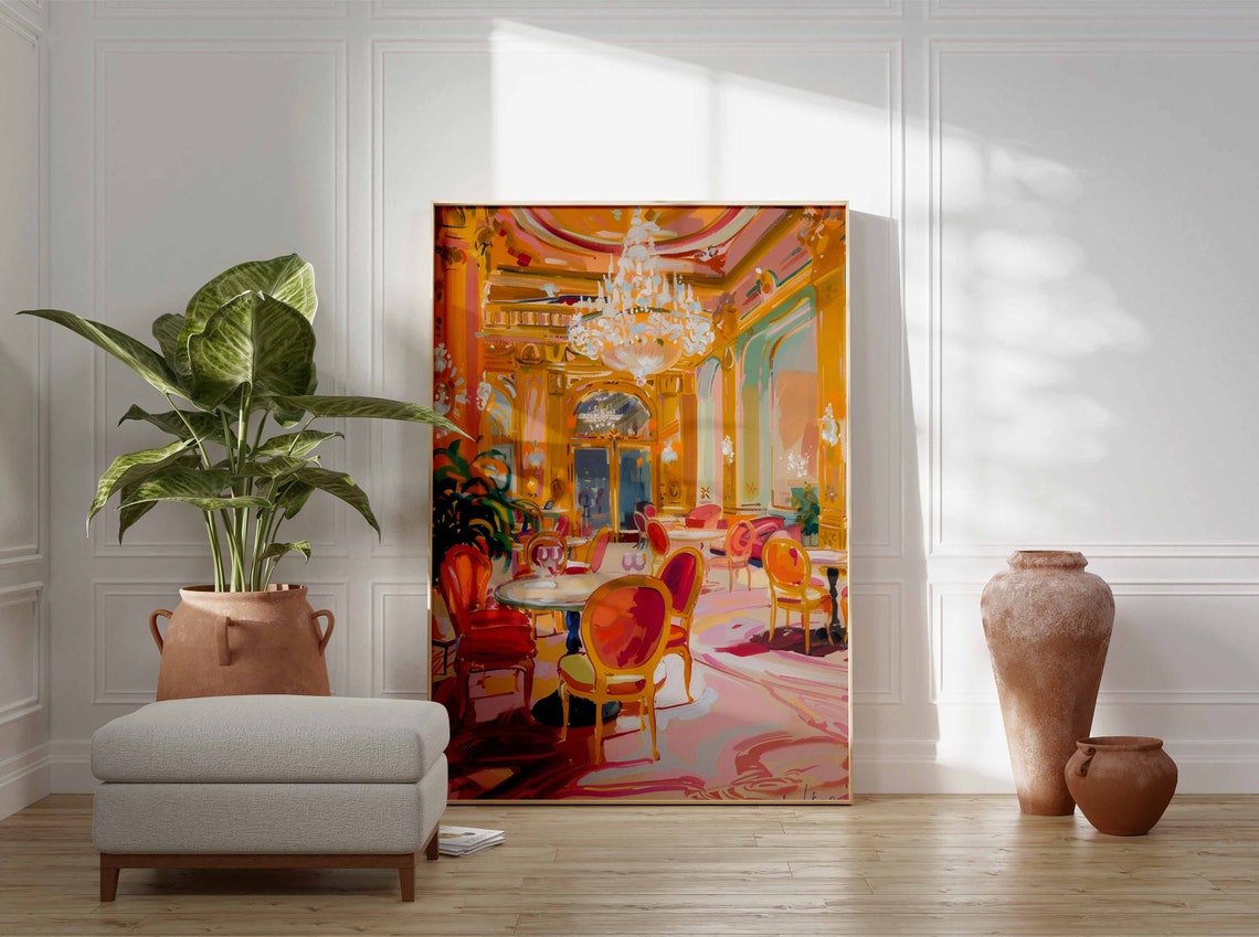Golden Casino Bar Interior Chandelier Orange Toned Wall Poster - Image 3