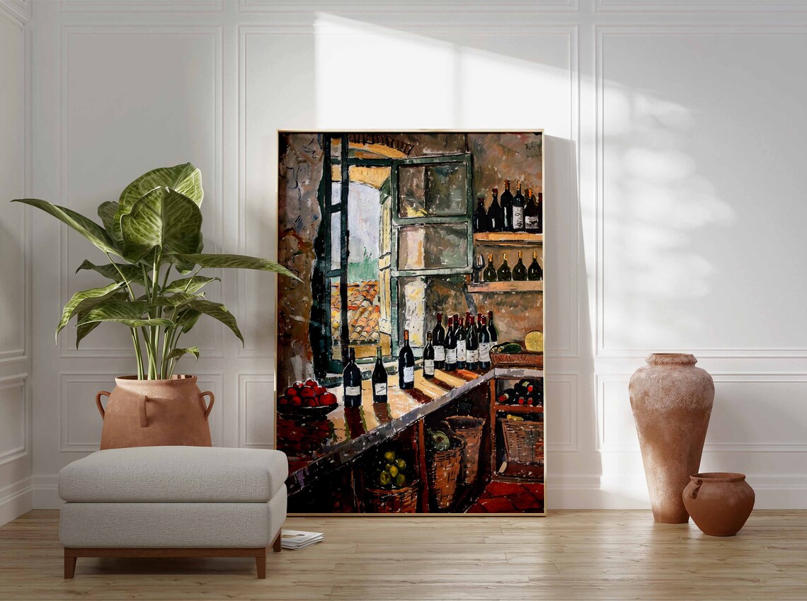 Sunlit Wine Shop Window Art Poster Bottles Tomatoes Country Scene - Image 3