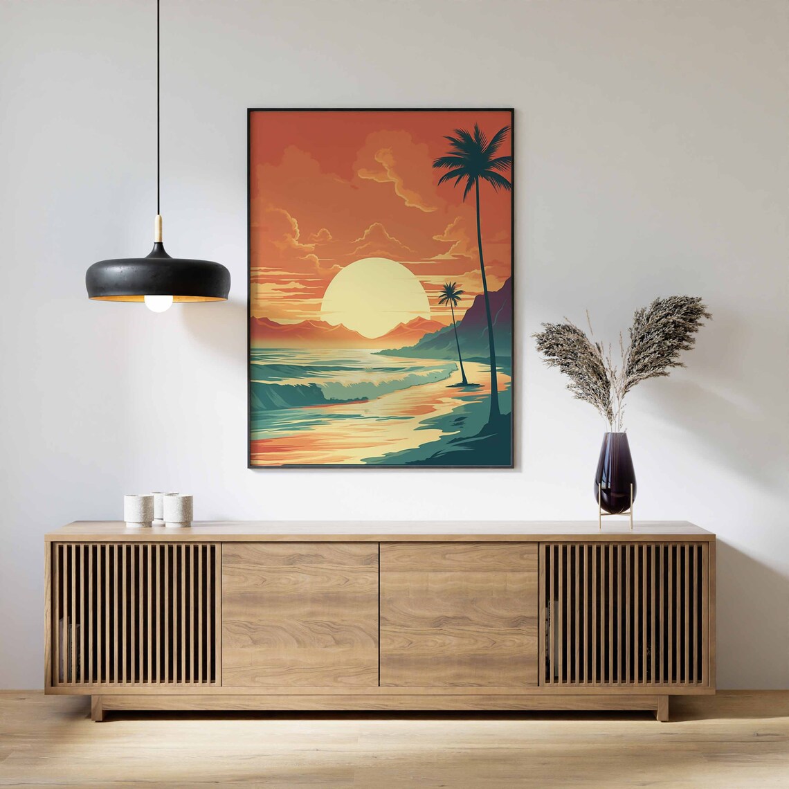 Retro Sunset Surf Beach Palm Trees Waves Picturesque Wall Art - Image 2