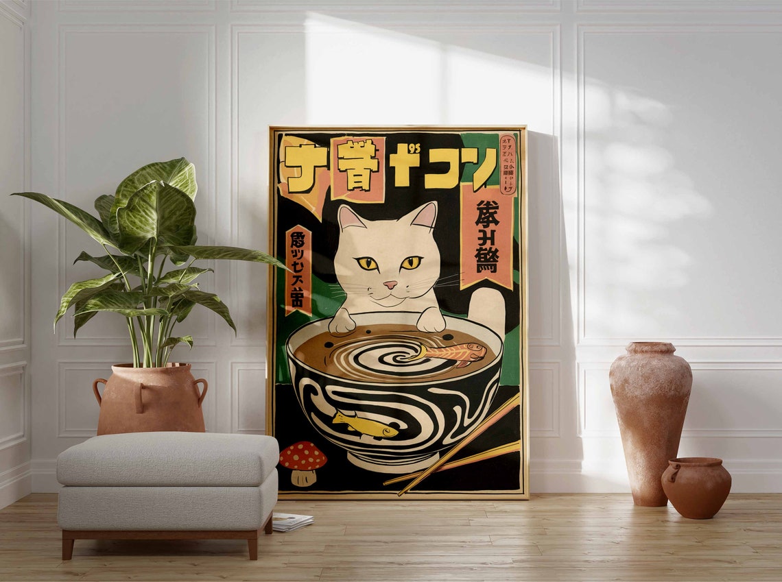 Japanese Cat Fish Soup Bowl Chopsticks Playful Kitchen Poster - Image 3