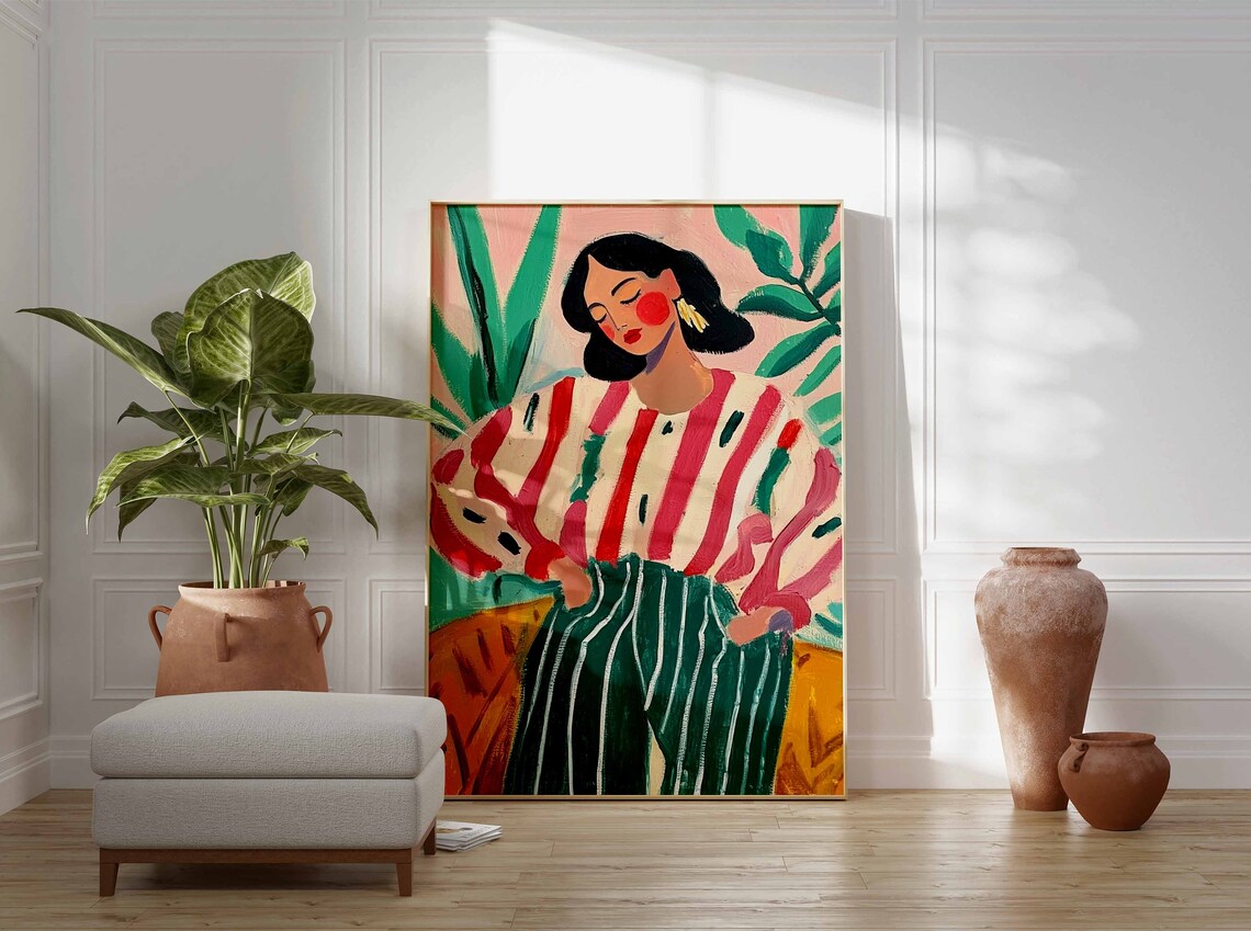 Woman in Pink Striped Blouse Green Striped Skirt Portrait Poster - Image 2