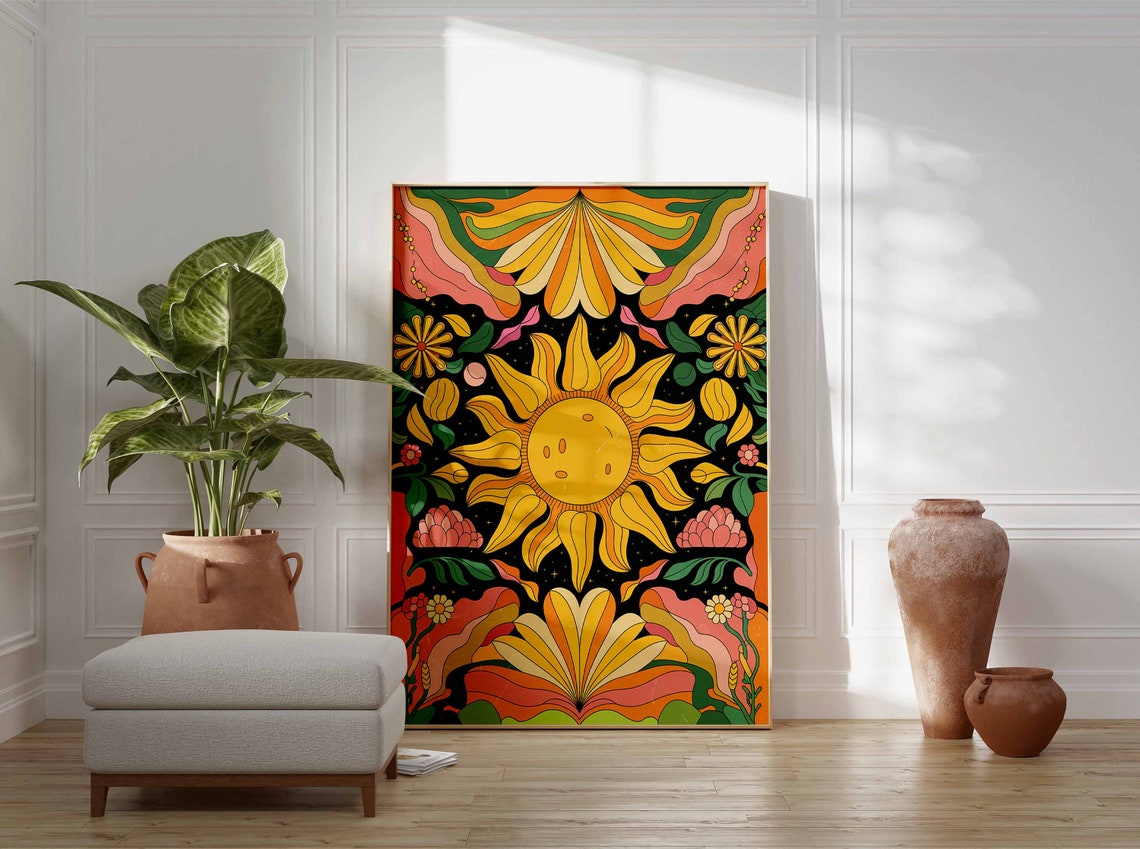 Retro Seventies Psychedelic Sun Flower Boho Celestial Wall Art - Image 3