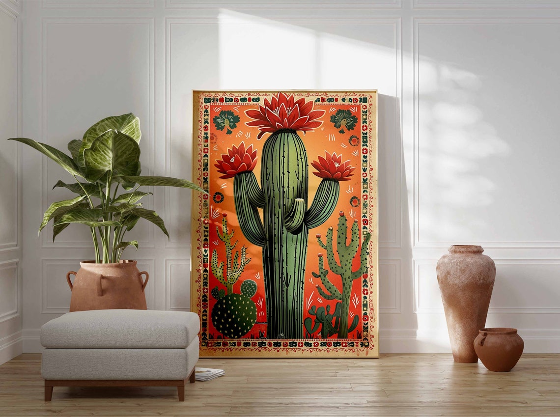 Mexican Folk Art Blooming Cactus Orange Sunset Desert Plant Poster - Image 3