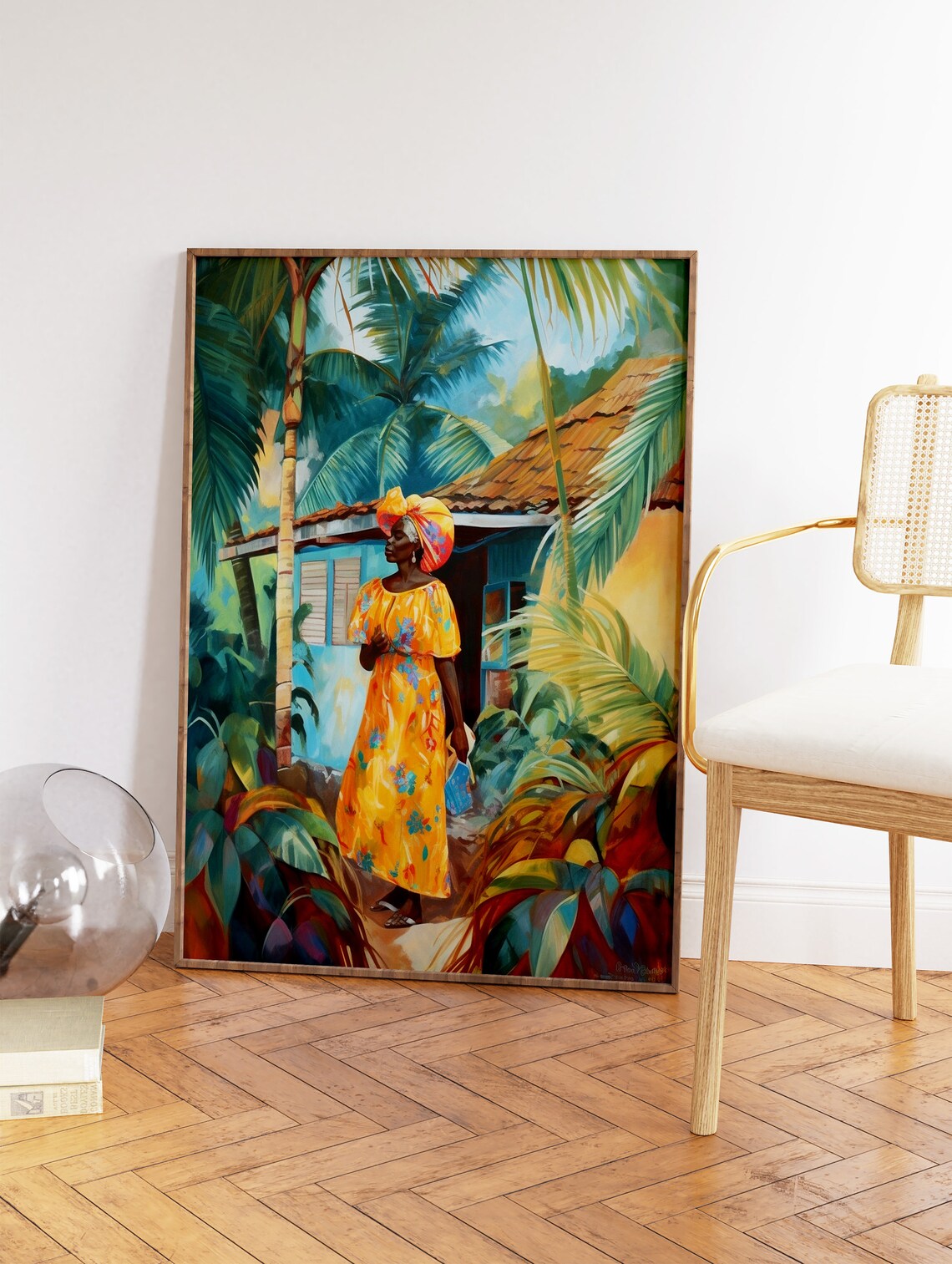 Caribbean Island Woman Yellow Dress Tropical Garden Home Wall Art - Image 2
