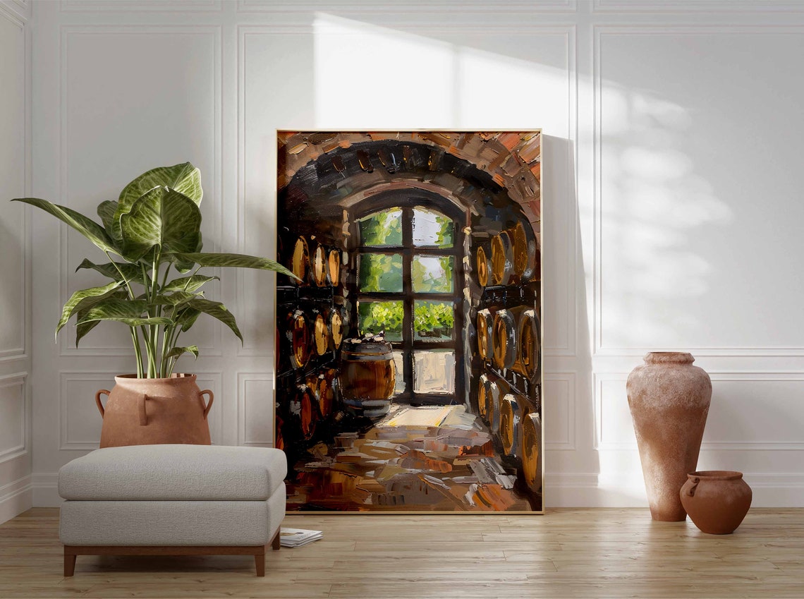 Wine Cellar Arched Window Art Poster Barrels Sunlit Interior Scene - Image 3