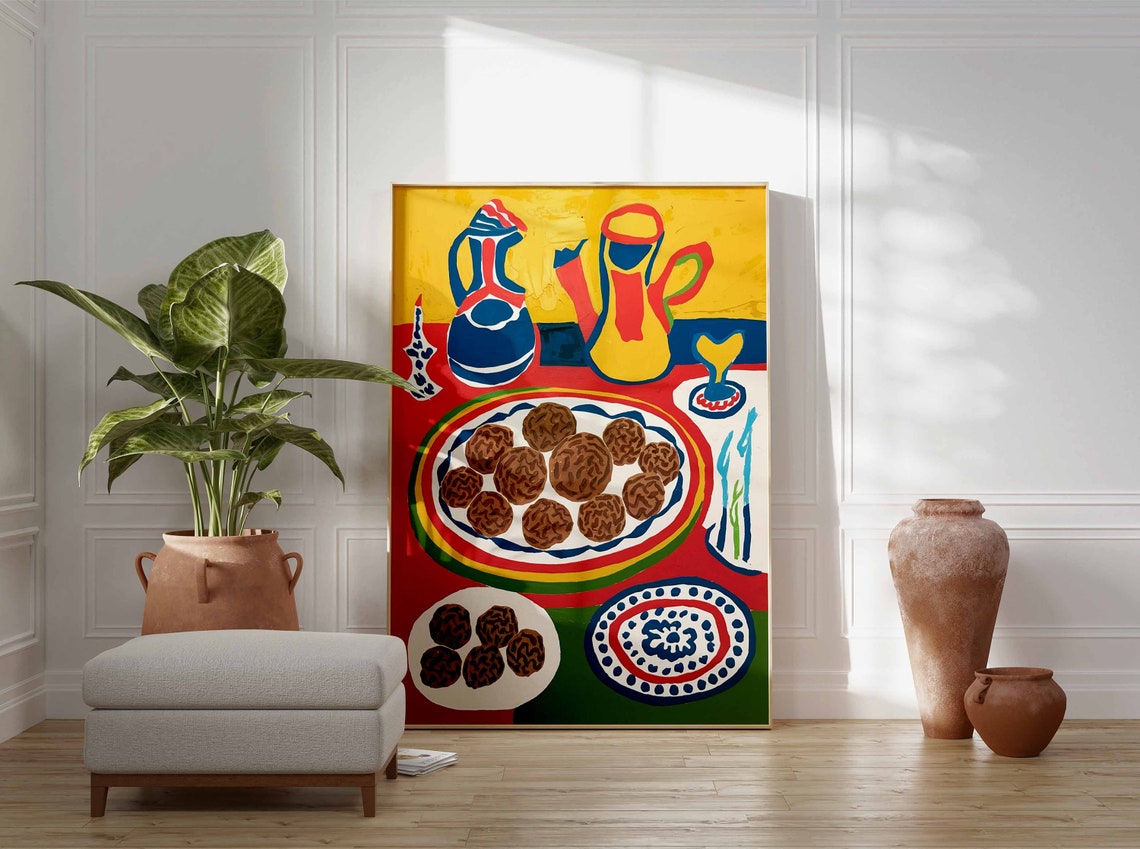 Blue And Yellow Coffee Pots With Falafel Plates Still Life Poster - Image 3