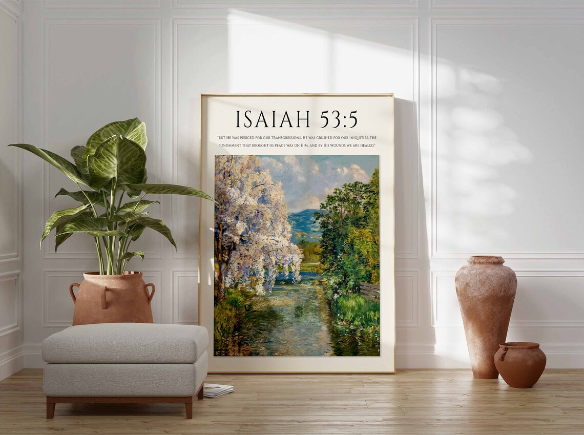 Isaiah 53:5 Bible Verse Blossom Tree Stream Monet Style Christian Art Poster - Image 2