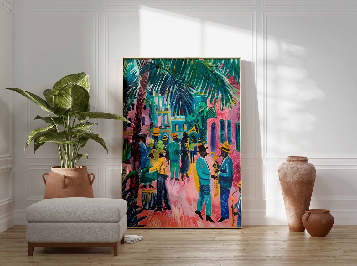 Jazz Musicians Street Band Colorful Tropical Painting Poster - Image 3