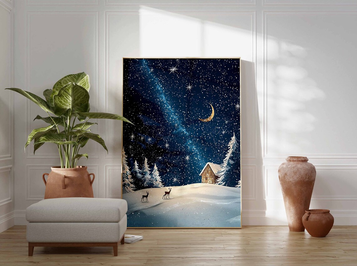 Milky Way Starry Night Over Snowy Hills With Deer And Cabin Poster - Image 3