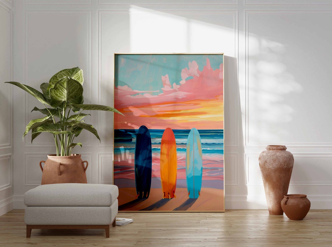 Three Surfboards Sunset Beach Ocean Waves Coastal Scene Wall Art - Image 3