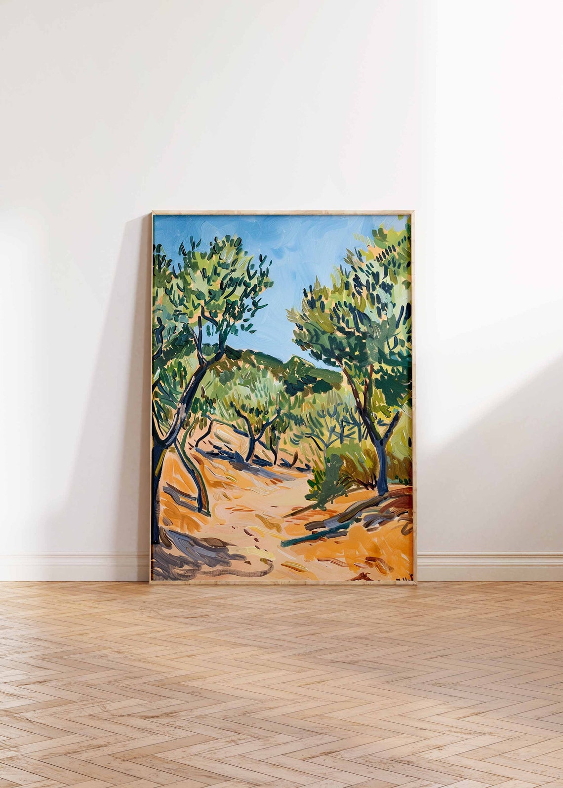 Olive Tree Path Under Bright Blue Sky Landscape Art Print Wall Decor - Image 2