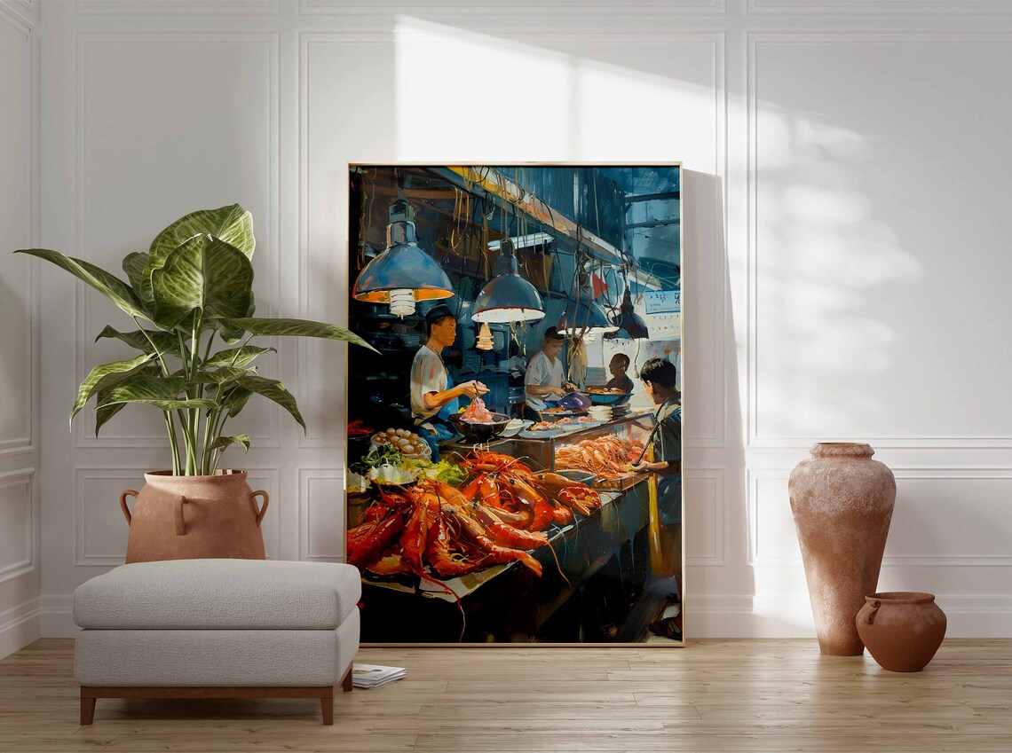 Night Seafood Market Prawn Stalls Blue Lamps Painting Poster - Image 3