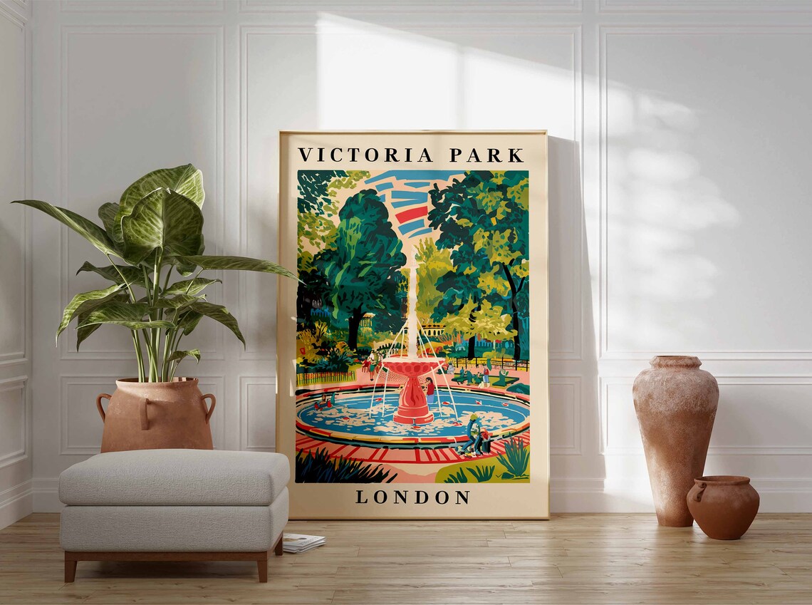 Victoria Park London Garden Fountain Sunny Colorful Travel Poster - Image 3