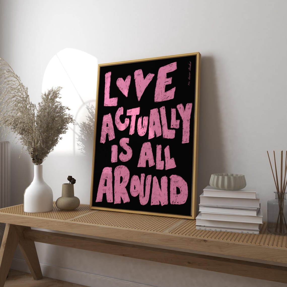 Love Actually Is All Around Pink Hand Lettered Typography Poster
