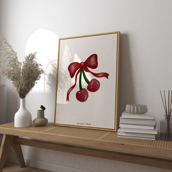 Cherries And Bow A2 Size Art Print Poster Hand Drawn Trendy Retro Illustration Mid Century