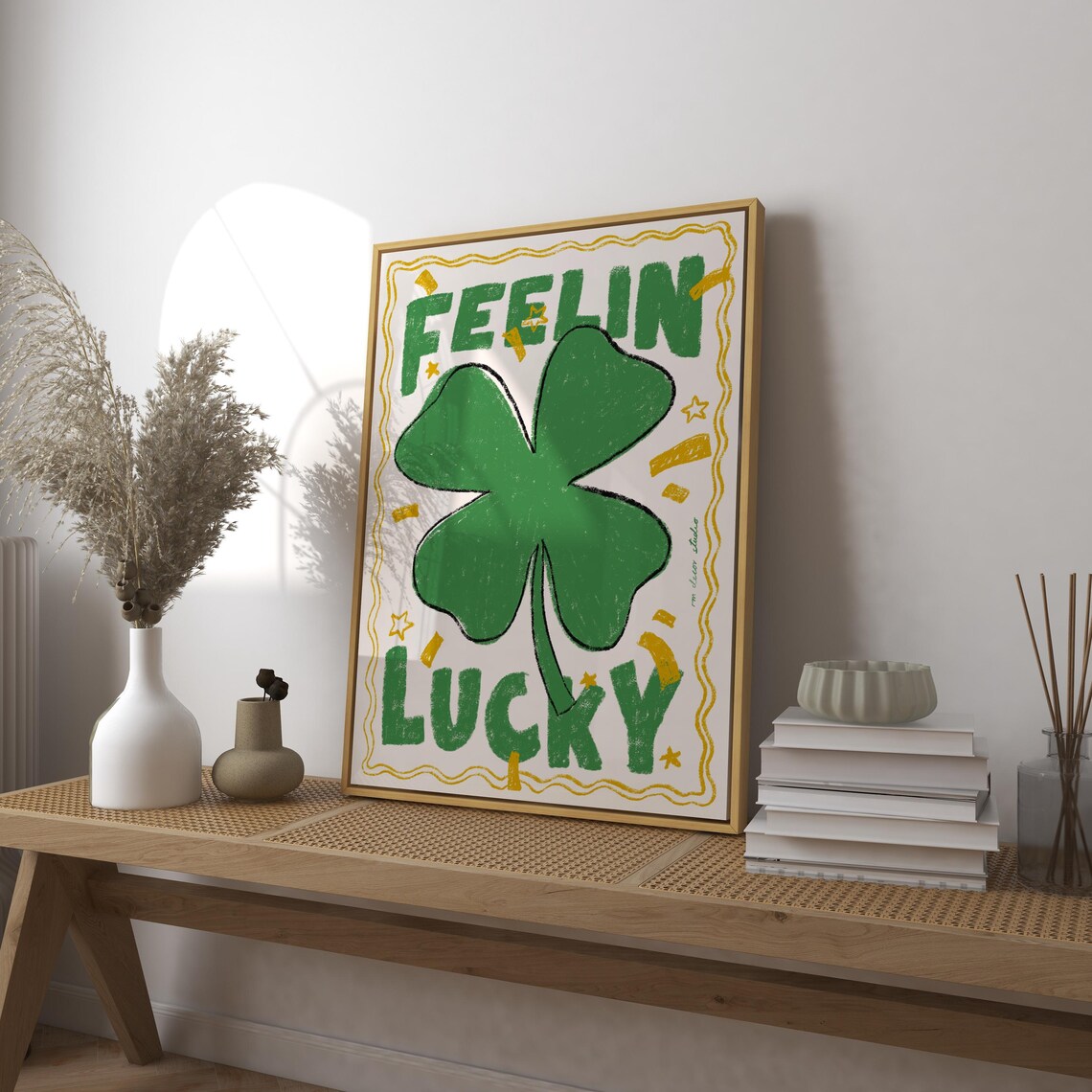 Feeling Lucky 4 Leaf Clover Art Print Poster Shamrock Trendy Retro Illustration Mid Century Modern Kitchen Wall