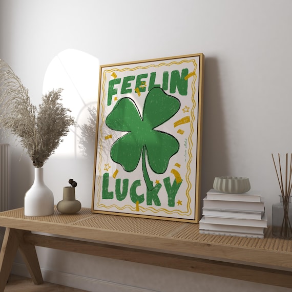 Feeling Lucky 4 Leaf Clover Art Print Poster Shamrock Trendy Retro Illustration Mid Century Modern Kitchen Wall