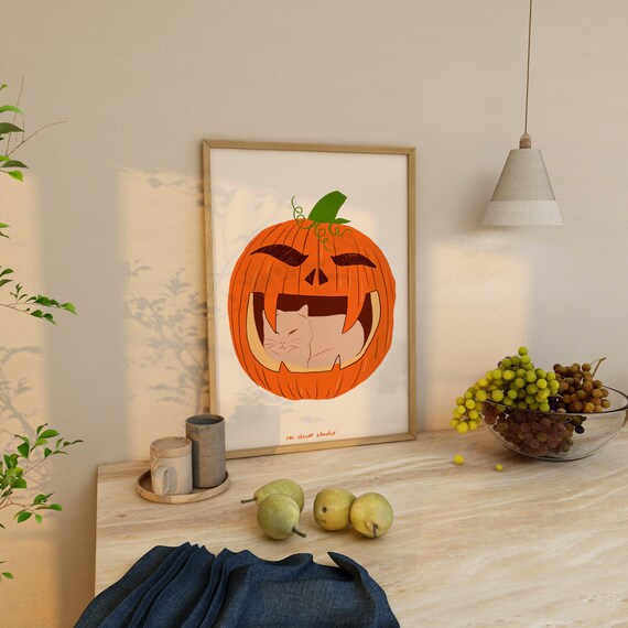 Cat In Pumpkin Print Poster Halloween Vintage Trendy Retro Illustration Mid Century Modern Kitchen Wall Art