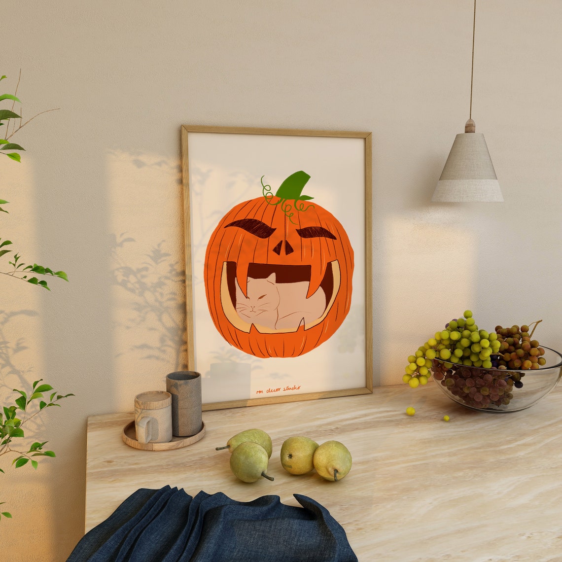 Sleepy White Cat Inside Pumpkin Vintage Halloween Illustration Poster