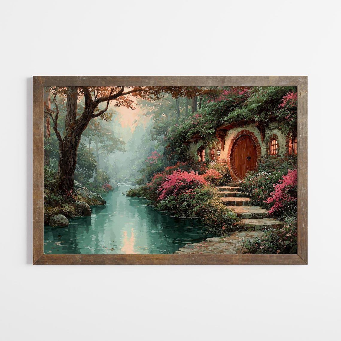 Fantasy Forest House by River Round Wooden Door Fine Art Wall Poster