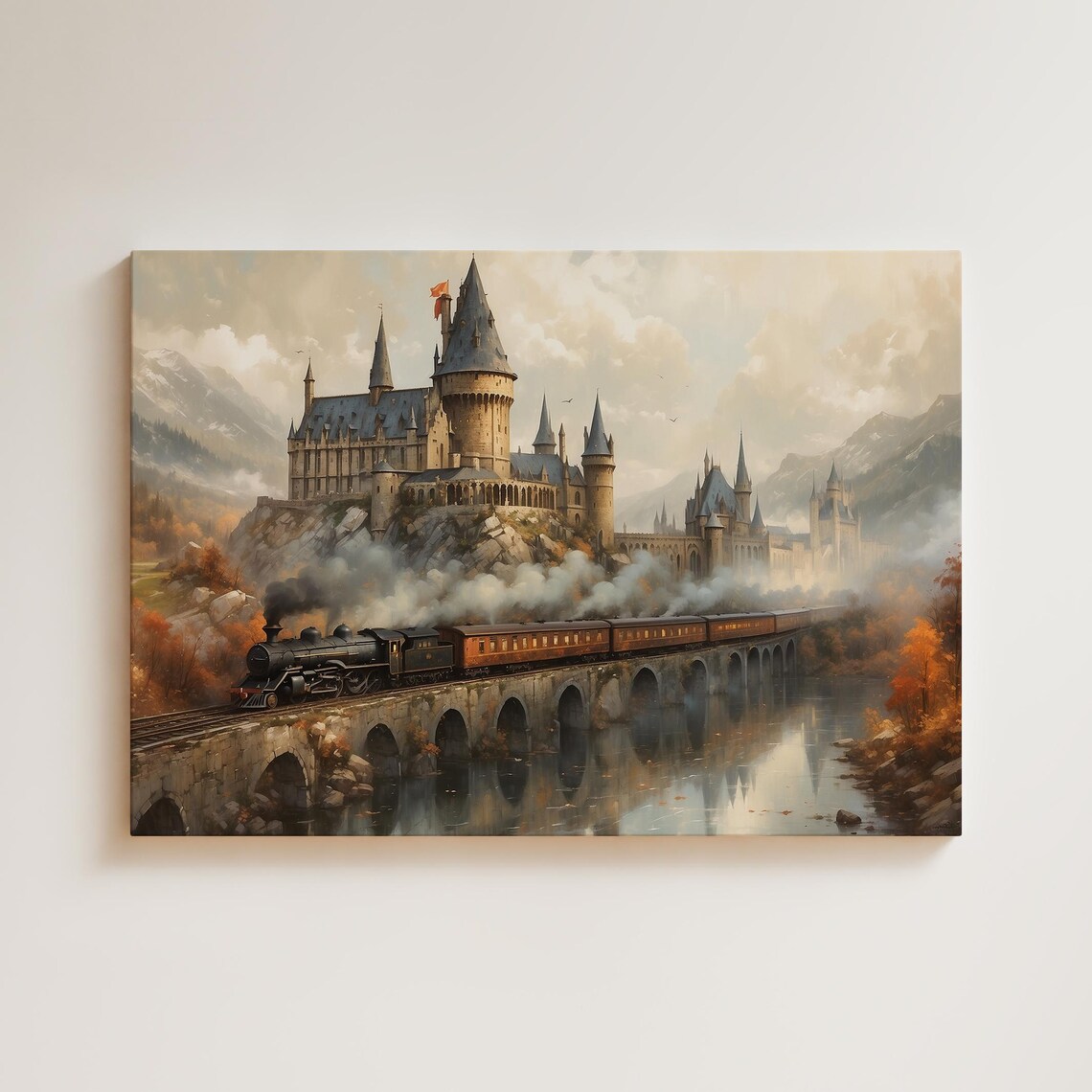 Wizard Castle Steam Train Oil Painting Poster Crossing The Viaduct