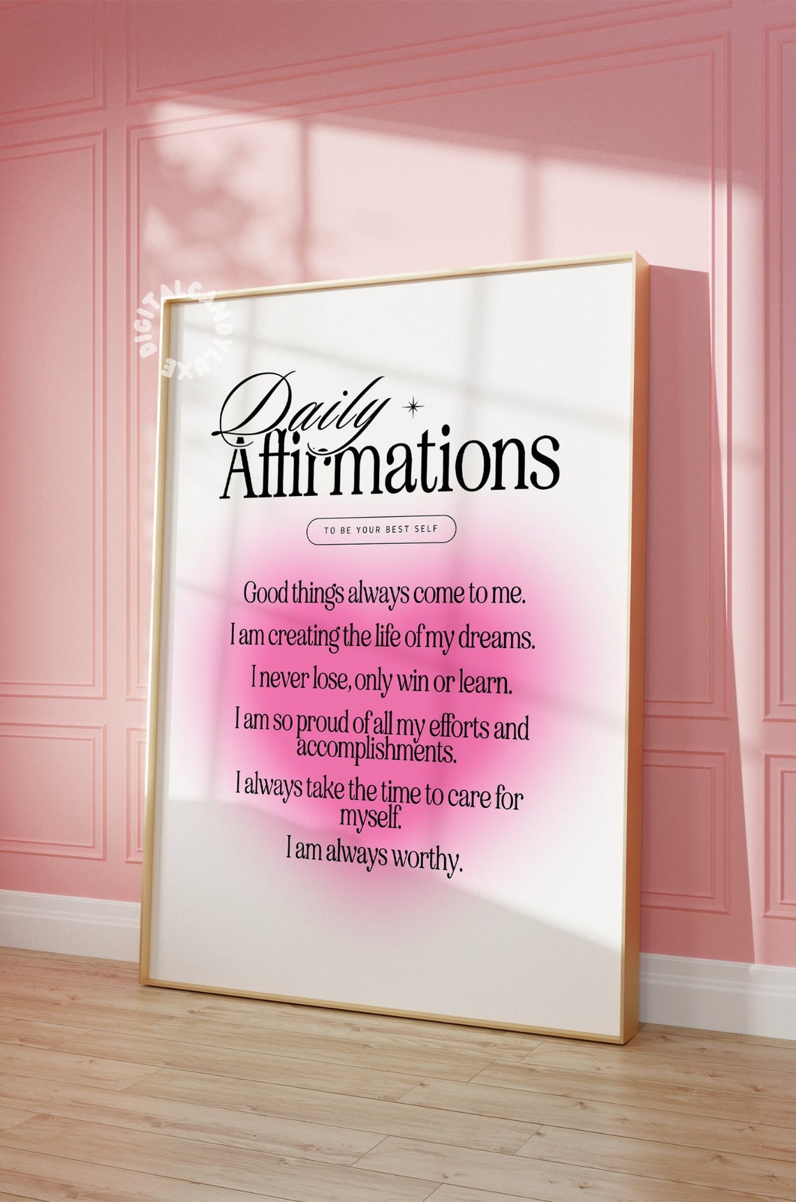 Daily Affirmations Pink Aura Self Love Quote Poster for Bedroom Decor