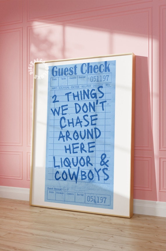 Liquor Cowboys Guest Check Print Blue Trendy Wall Art Prints Bar Cart Decor Preppy Wall Prints Art Trendy Aesthetic Dorm