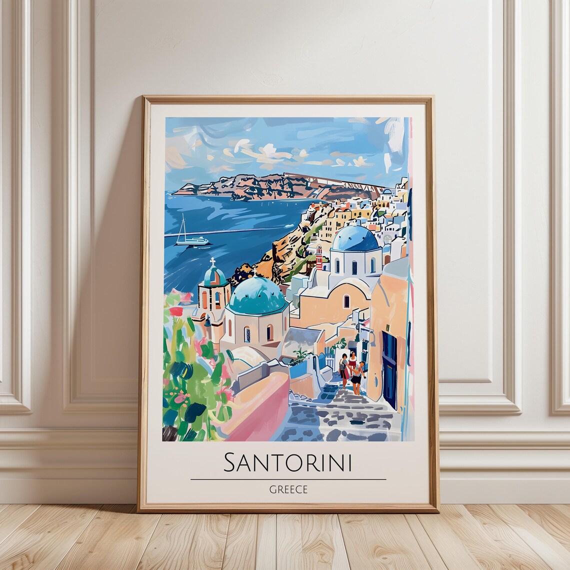 Santorini Greece Blue Domes Caldera Colorful Travel Art Poster