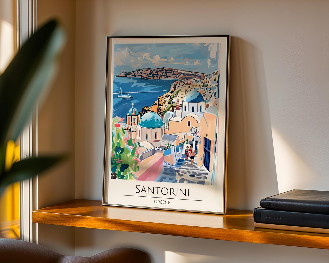Santorini Greece Blue Domes Caldera Colorful Travel Art Poster - Image 3