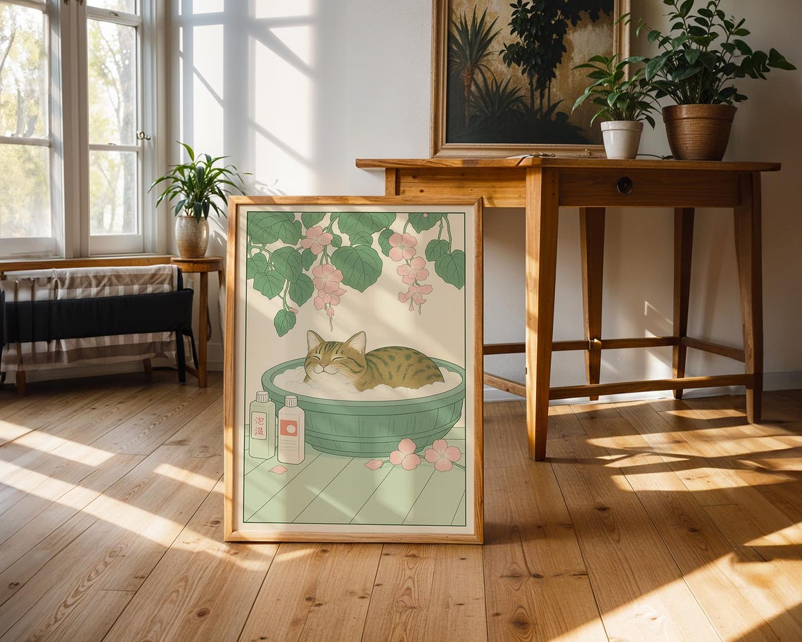 Tabby Cat Bubble Bath Japanese Illustration Bathroom Art Poster - Image 3