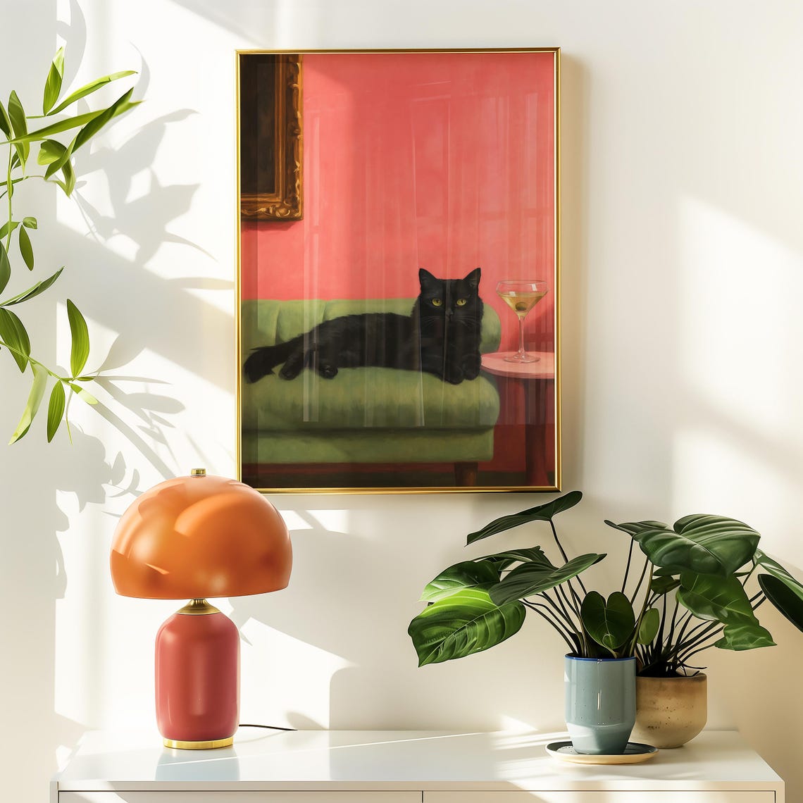 Black Cat Lounging Green Sofa Martini Cocktail Whimsical Art Poster - Image 8