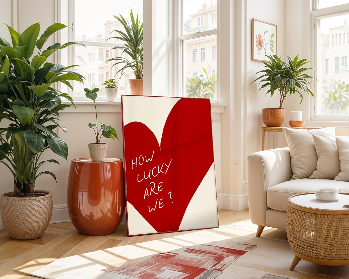 How Lucky Are We Red Heart Handwritten Quote Typography Art Poster - Image 3