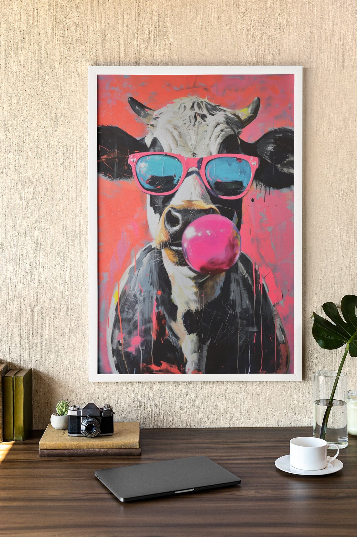 Trendy Cow With Bubblegum, Fun Animal Art Print