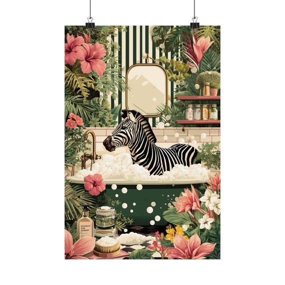 Zebra Bathroom Poster Botanical Bubble Bath Wall Art Monochrome Jungle Decor